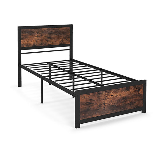 Twin Size Metal Bed Frame, High Headboard, Mute Bars, Rustic Brown Simple Bed Frame Rustic Brown at Gallery Canada
