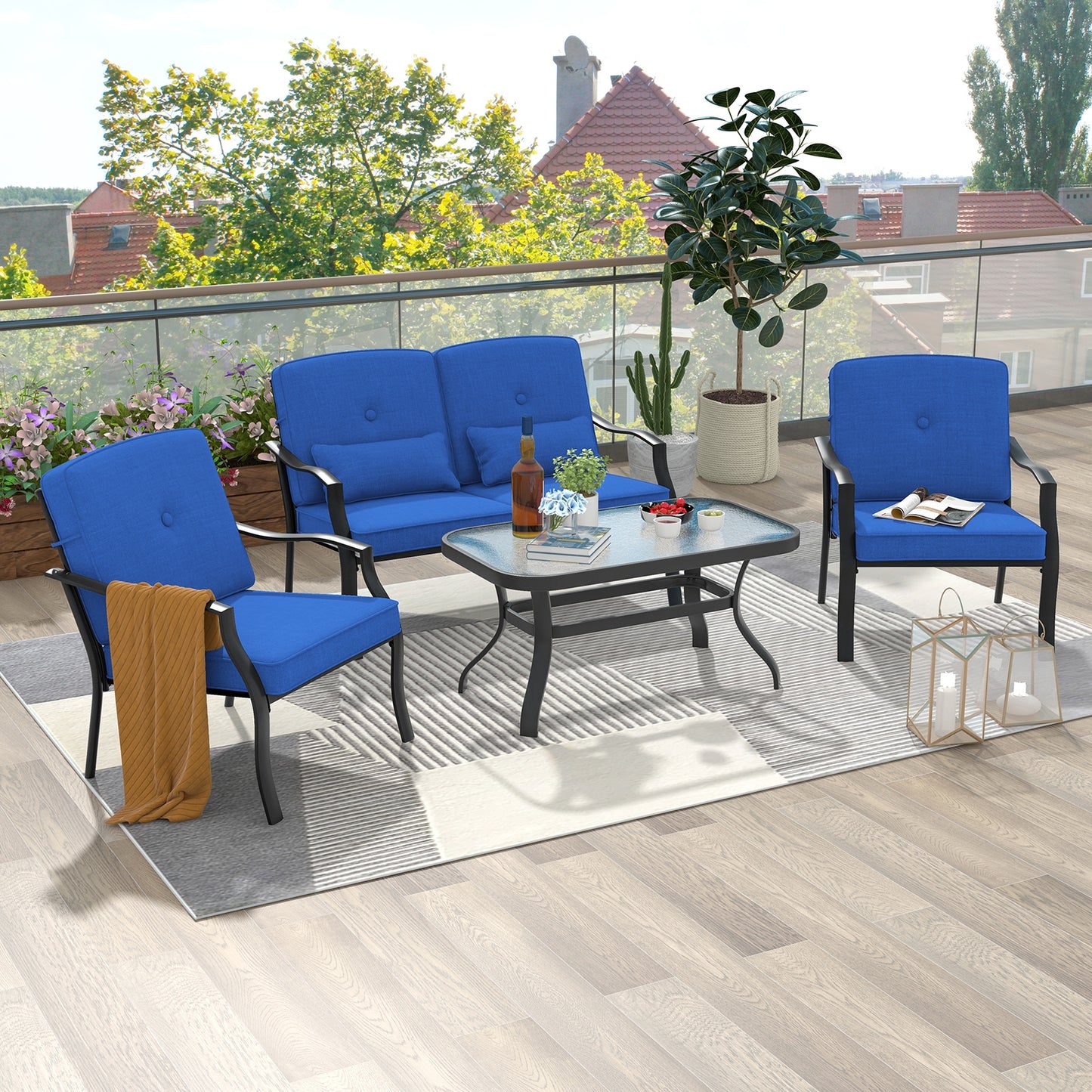 4 Piece Outdoor Conversation Set, With Seat Back Cushions And Waist Pillows, Navy Patio Conversation Sets at Gallery Canada