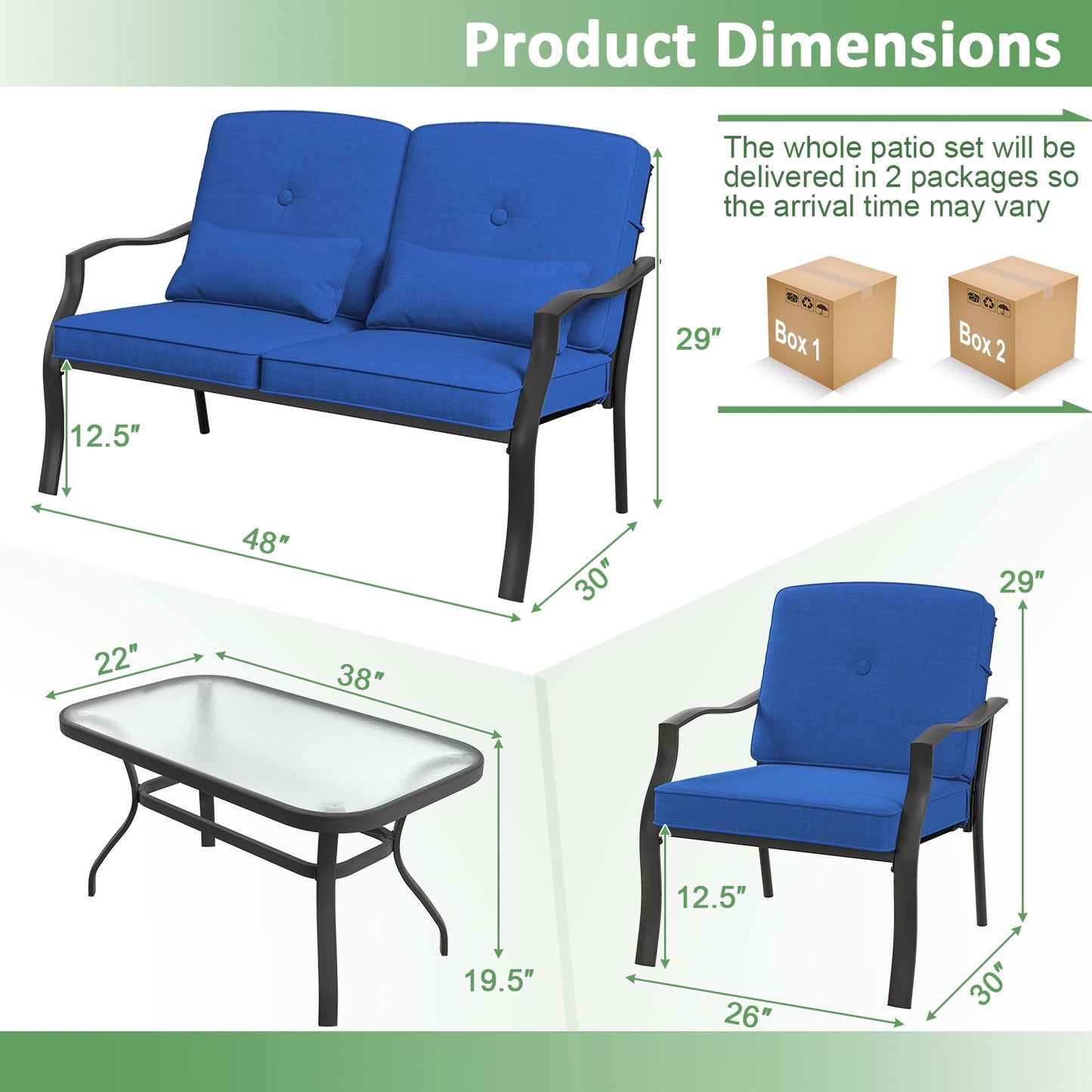 4 Piece Outdoor Conversation Set, With Seat Back Cushions And Waist Pillows, Navy Patio Conversation Sets at Gallery Canada