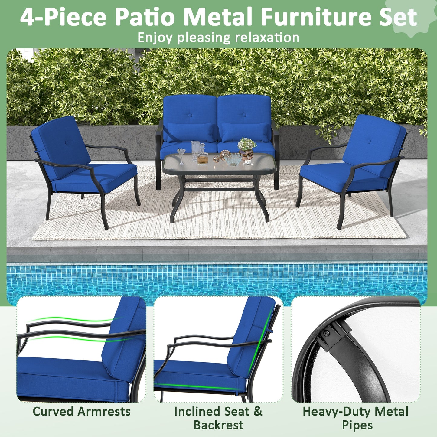 4 Piece Outdoor Conversation Set, With Seat Back Cushions And Waist Pillows, Navy Patio Conversation Sets at Gallery Canada