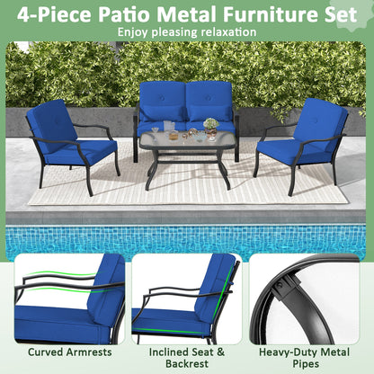 4 Piece Outdoor Conversation Set, With Seat Back Cushions And Waist Pillows, Navy Patio Conversation Sets at Gallery Canada