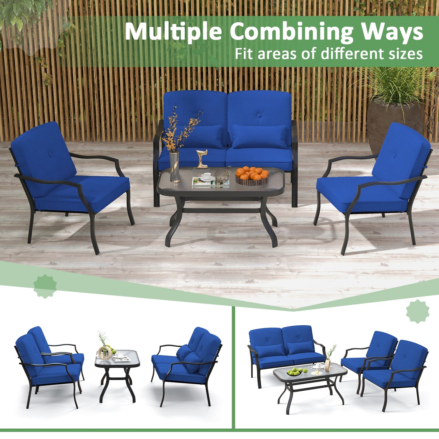 4 Piece Outdoor Conversation Set, With Seat Back Cushions And Waist Pillows, Navy Patio Conversation Sets at Gallery Canada