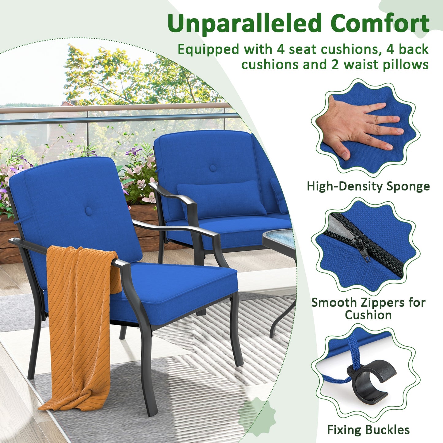 4 Piece Outdoor Conversation Set, With Seat Back Cushions And Waist Pillows, Navy Patio Conversation Sets at Gallery Canada