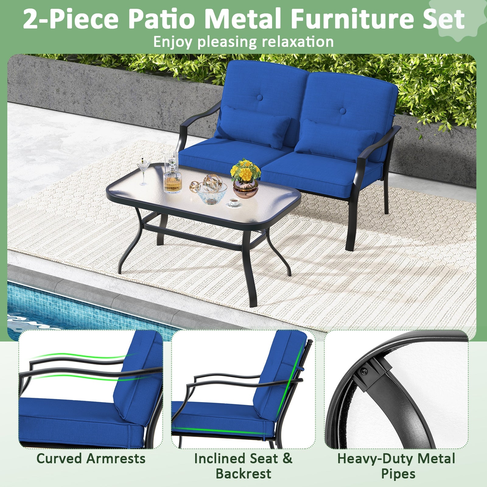 Outdoor Loveseat Chair Set, Coffee Table, Seat Back Cushions, Navy Patio Conversation Sets at Gallery Canada