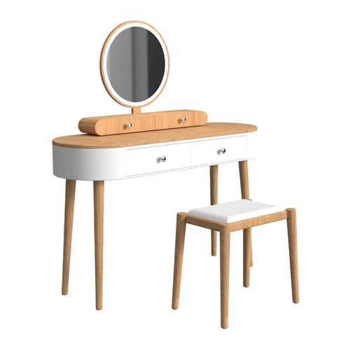 Makeup Vanity Table Set With LED Mirror, 3 Drawers, Natural Wood, White