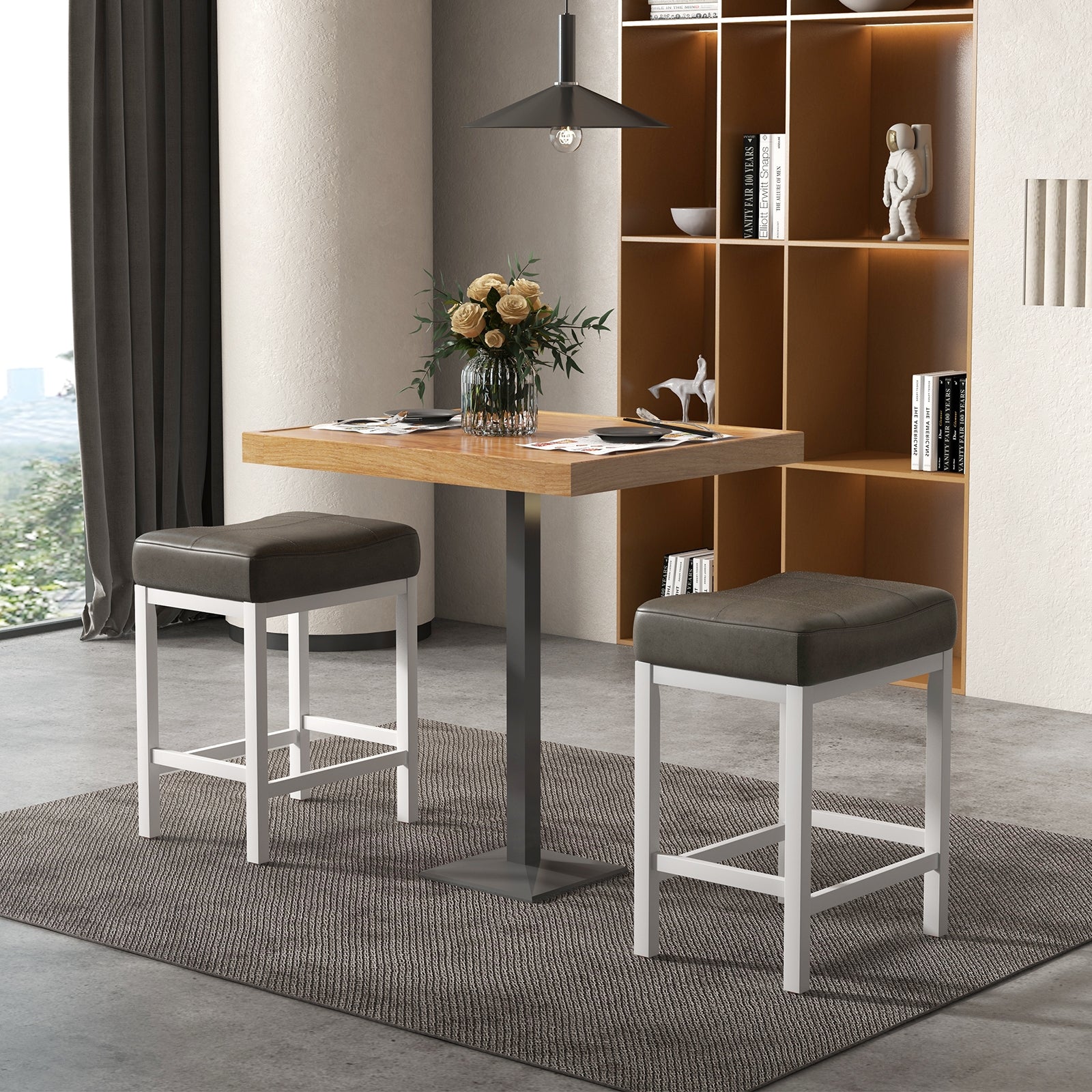 24.5 Inches Linen Saddle Stools, Set of 2, Cushioned Seat, Black and White Bar Stools at Gallery Canada