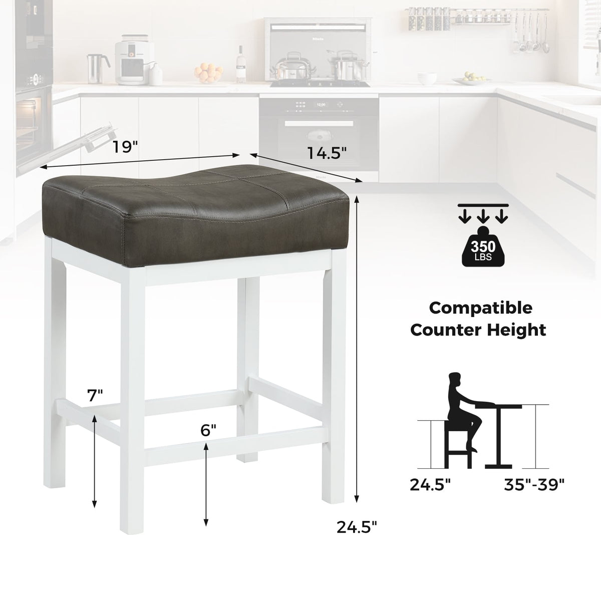 24.5 Inches Linen Saddle Stools, Set of 2, Cushioned Seat, Black and White Bar Stools at Gallery Canada