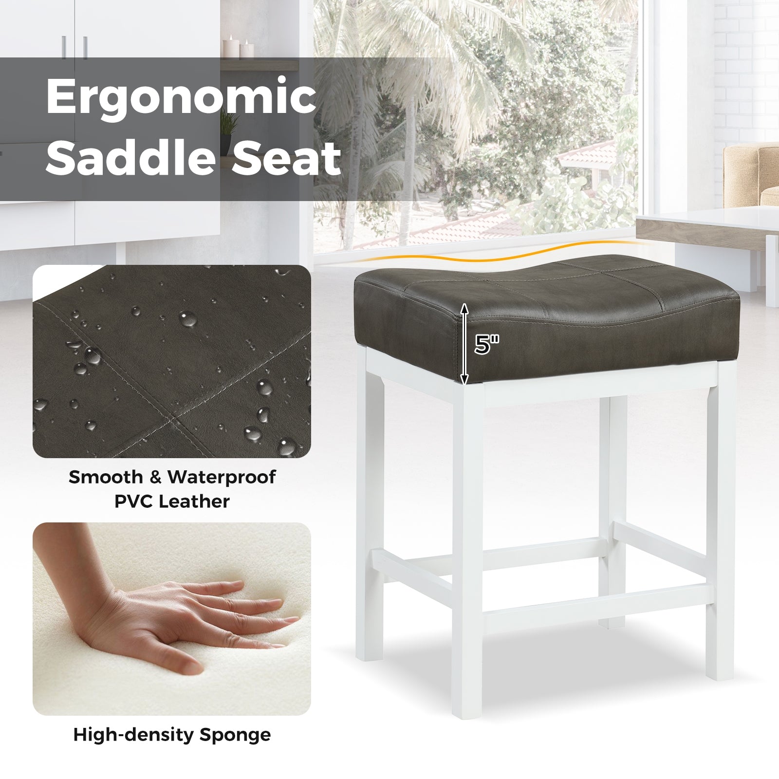 24.5 Inches Linen Saddle Stools, Set of 2, Cushioned Seat, Black and White Bar Stools at Gallery Canada