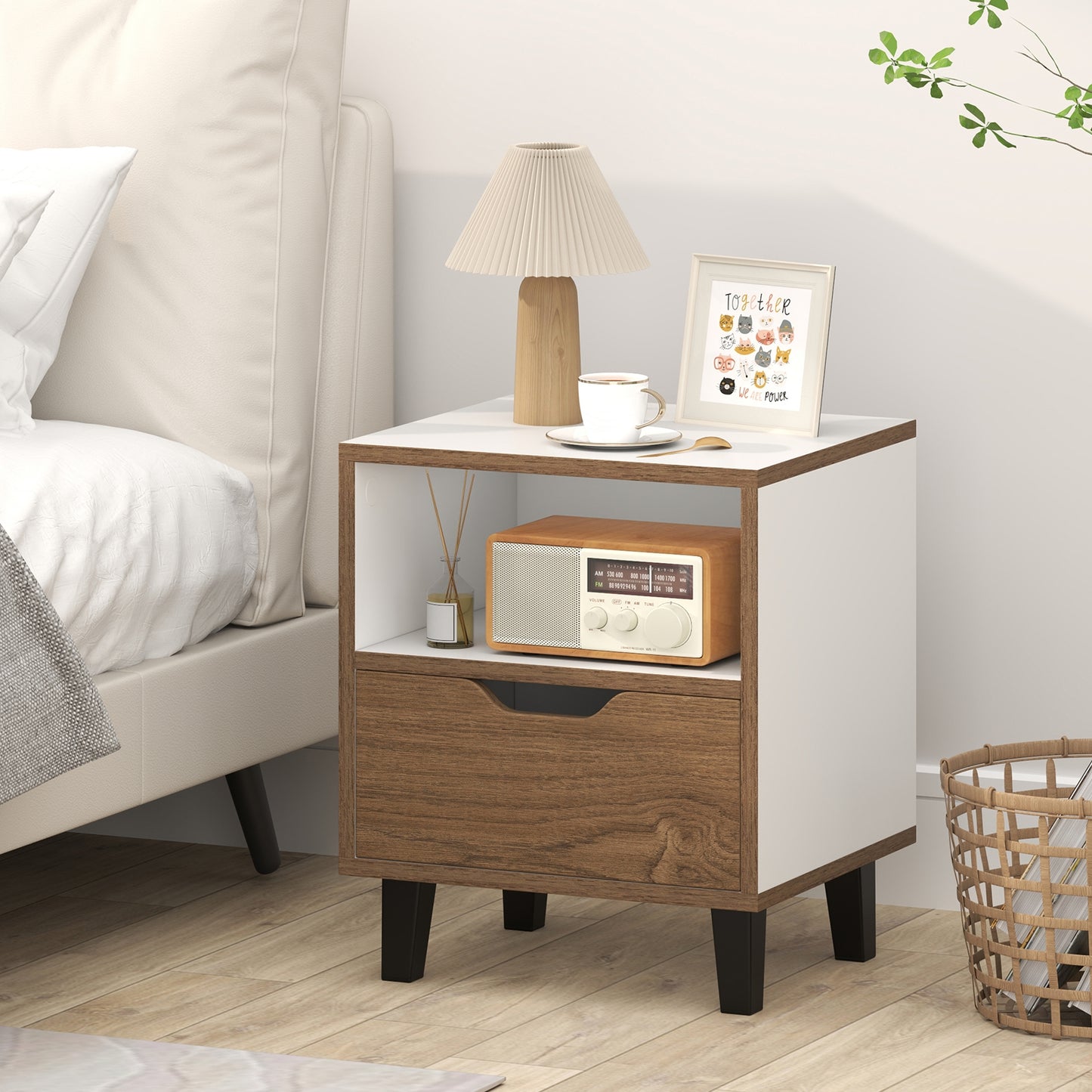 Nightstand With Drawer, Open Storage Shelf, White Nightstands at Gallery Canada
