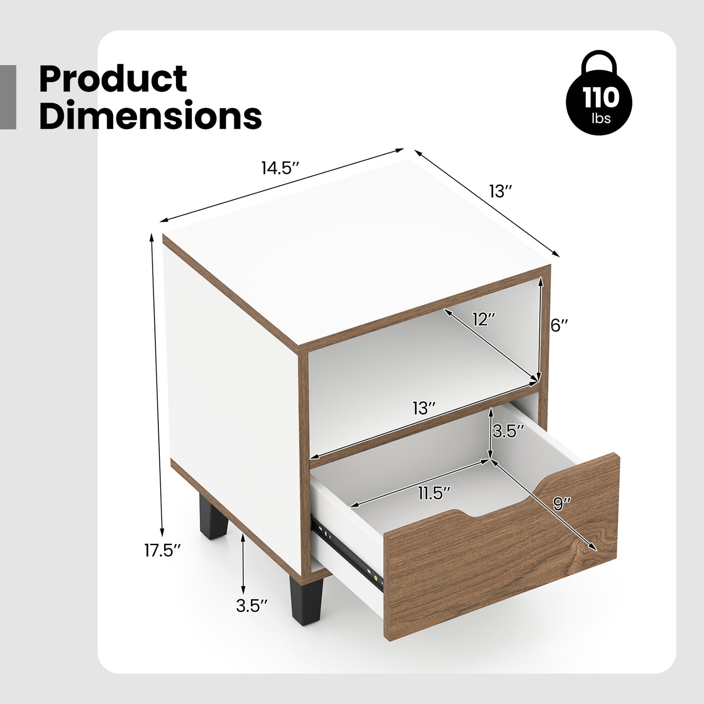 Nightstand With Drawer, Open Storage Shelf, White Nightstands at Gallery Canada
