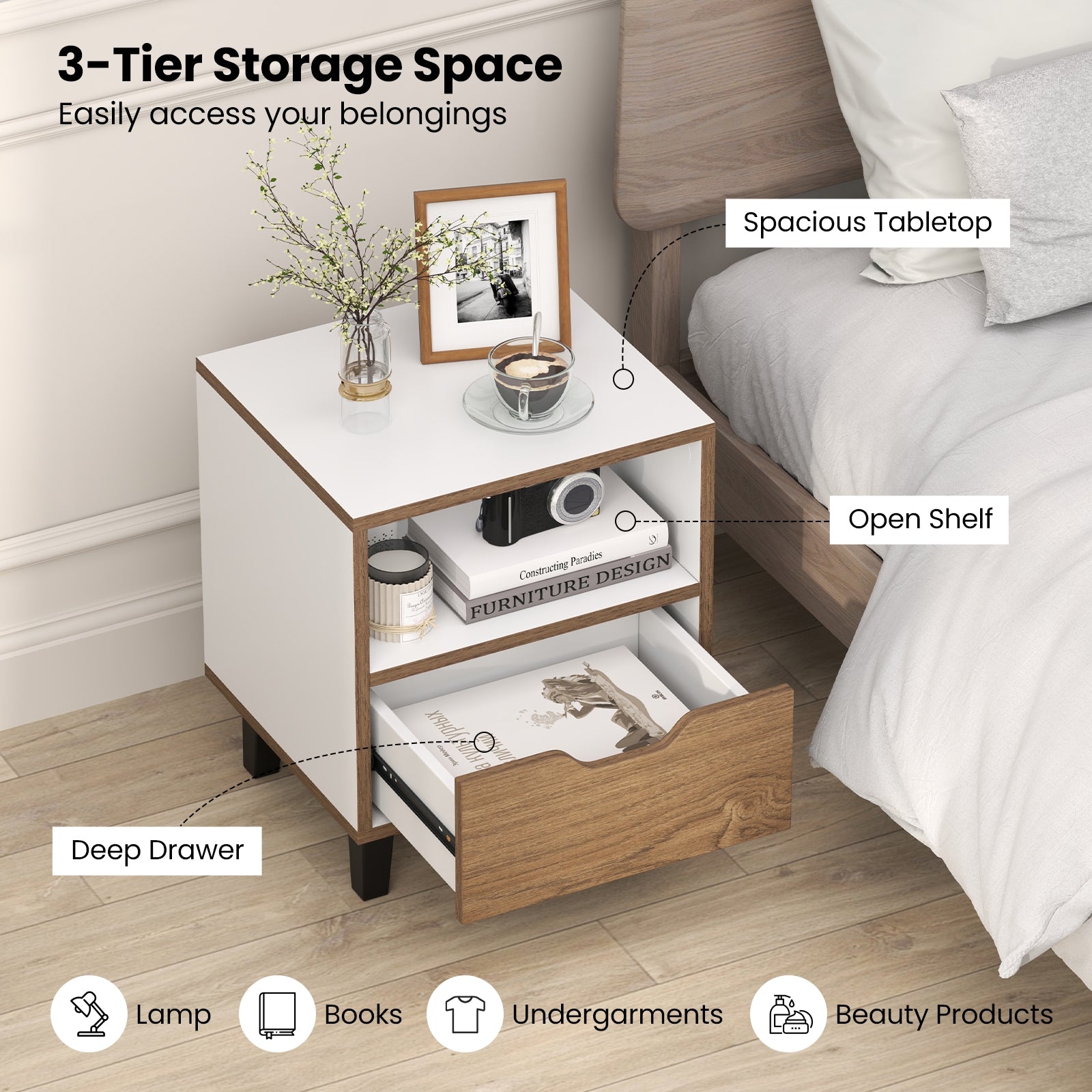 Nightstand With Drawer, Open Storage Shelf, White Nightstands at Gallery Canada