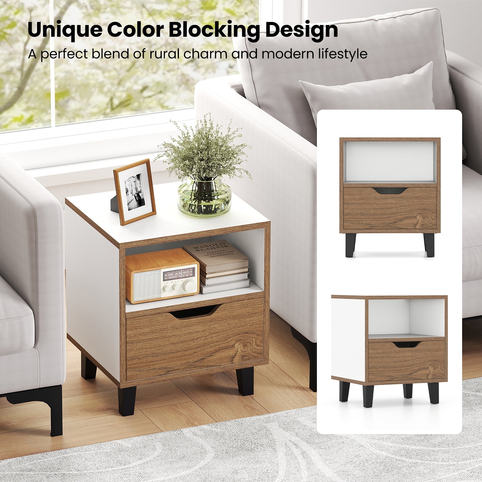 Nightstand With Drawer, Open Storage Shelf, White Nightstands at Gallery Canada