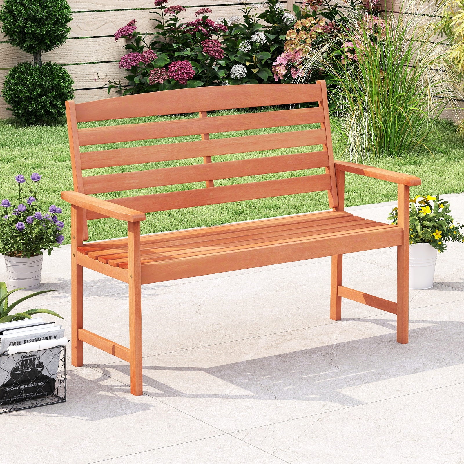 2-Person Wooden Garden Bench, Slatted Backrest, Comfortable Armrests, Natural Outdoor Benches at Gallery Canada