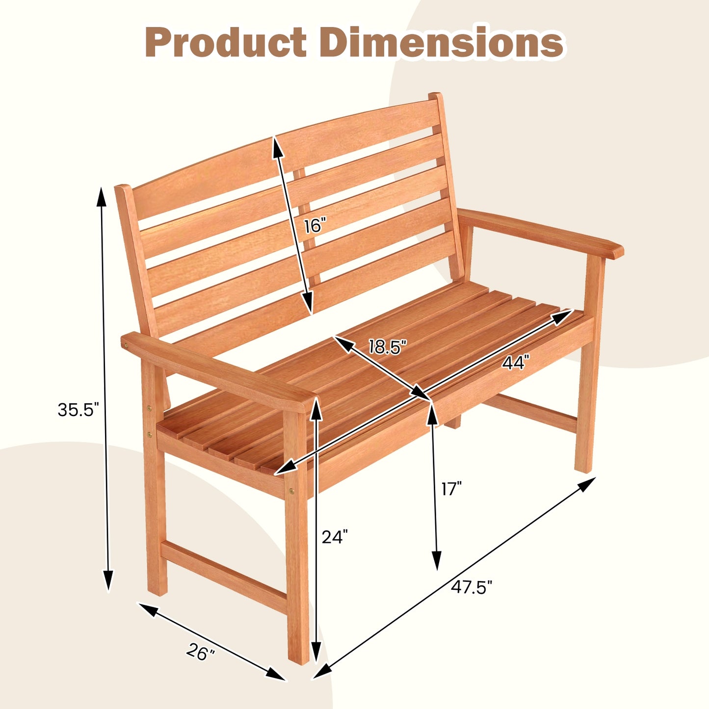 2-Person Wooden Garden Bench, Slatted Backrest, Comfortable Armrests, Natural Outdoor Benches at Gallery Canada