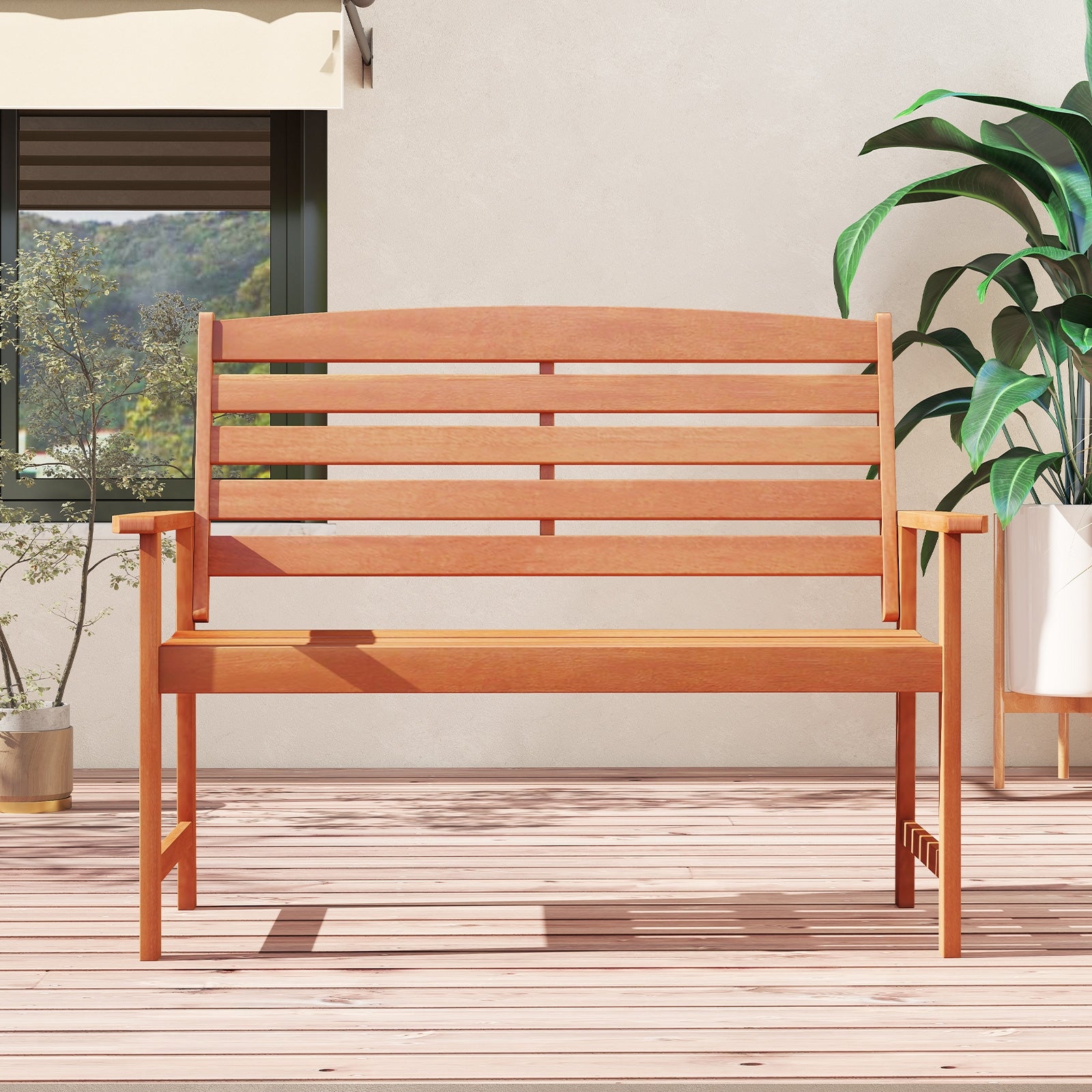 2-Person Wooden Garden Bench, Slatted Backrest, Comfortable Armrests, Natural Outdoor Benches at Gallery Canada