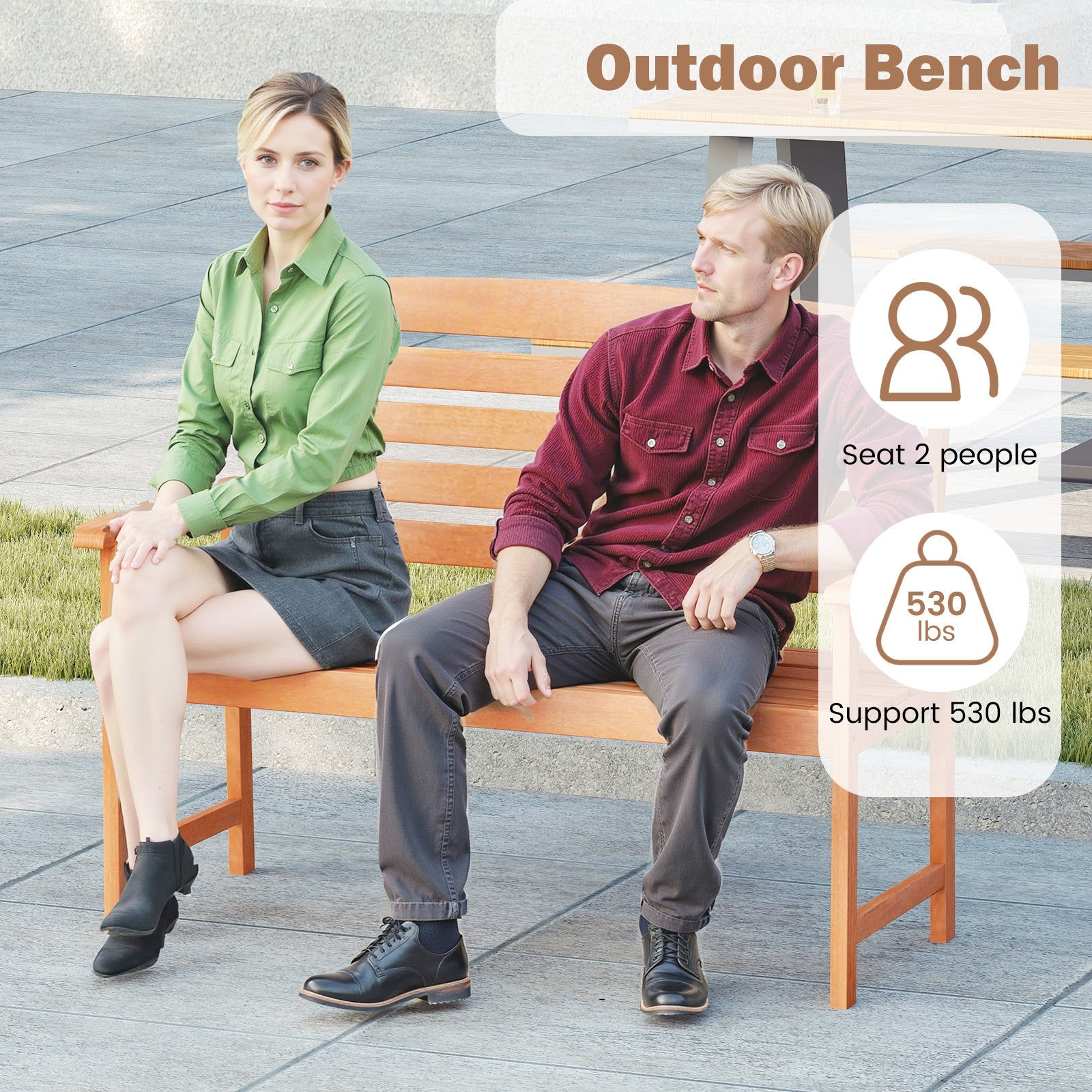 2-Person Wooden Garden Bench, Slatted Backrest, Comfortable Armrests, Natural Outdoor Benches at Gallery Canada
