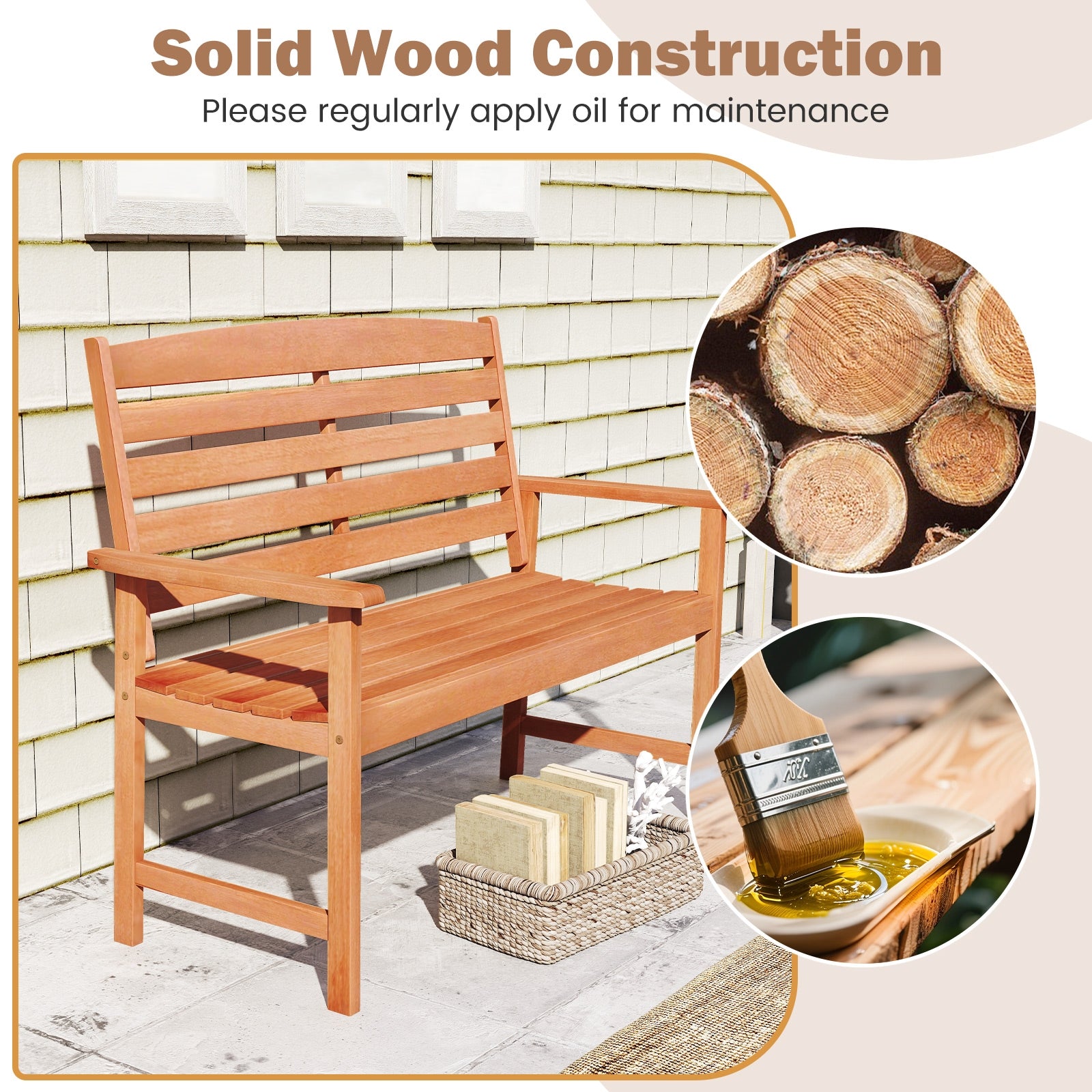 2-Person Wooden Garden Bench, Slatted Backrest, Comfortable Armrests, Natural Outdoor Benches at Gallery Canada