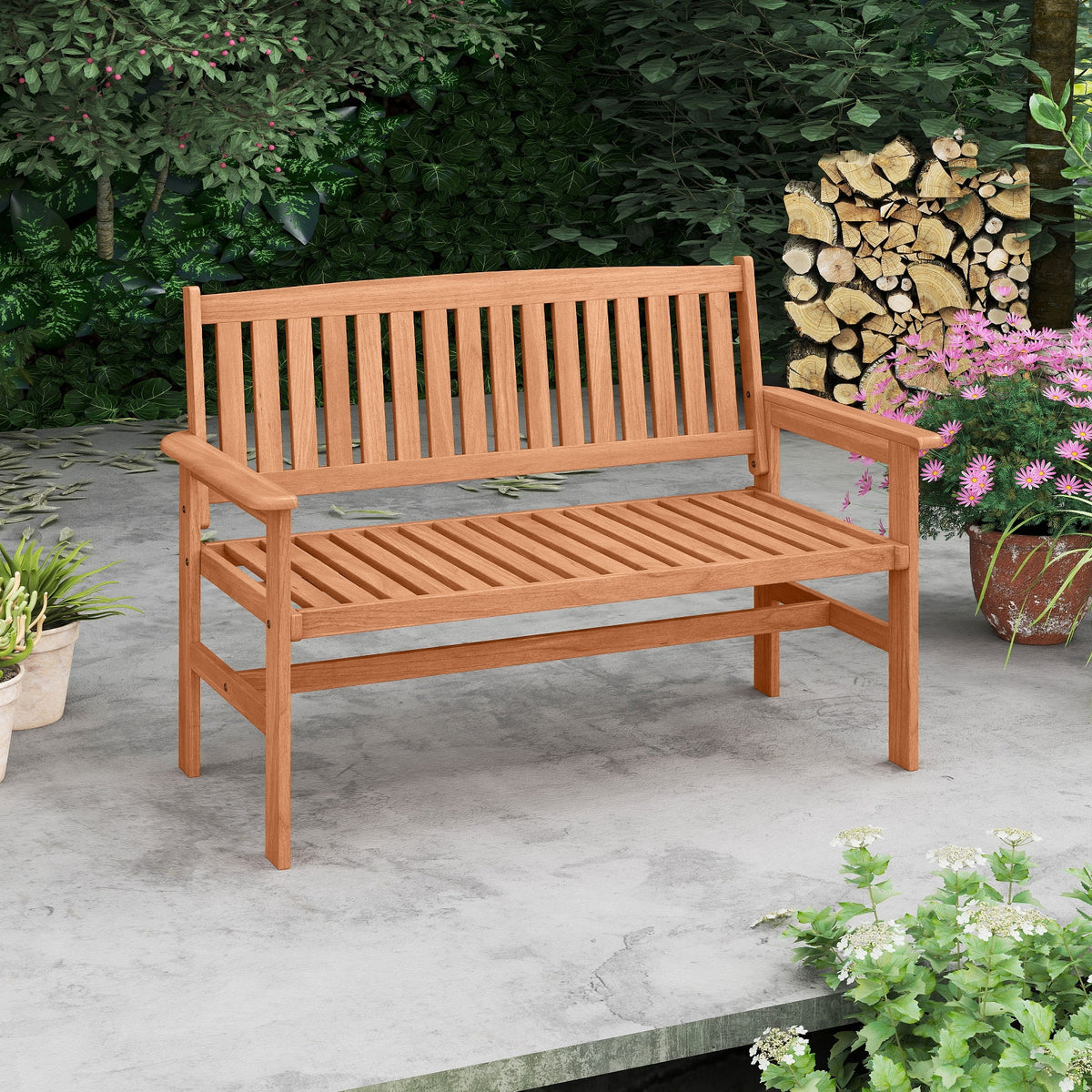 2-Person Patio Loveseat, Slatted Backrest, Comfortable Armrests, Natural Outdoor Benches at Gallery Canada