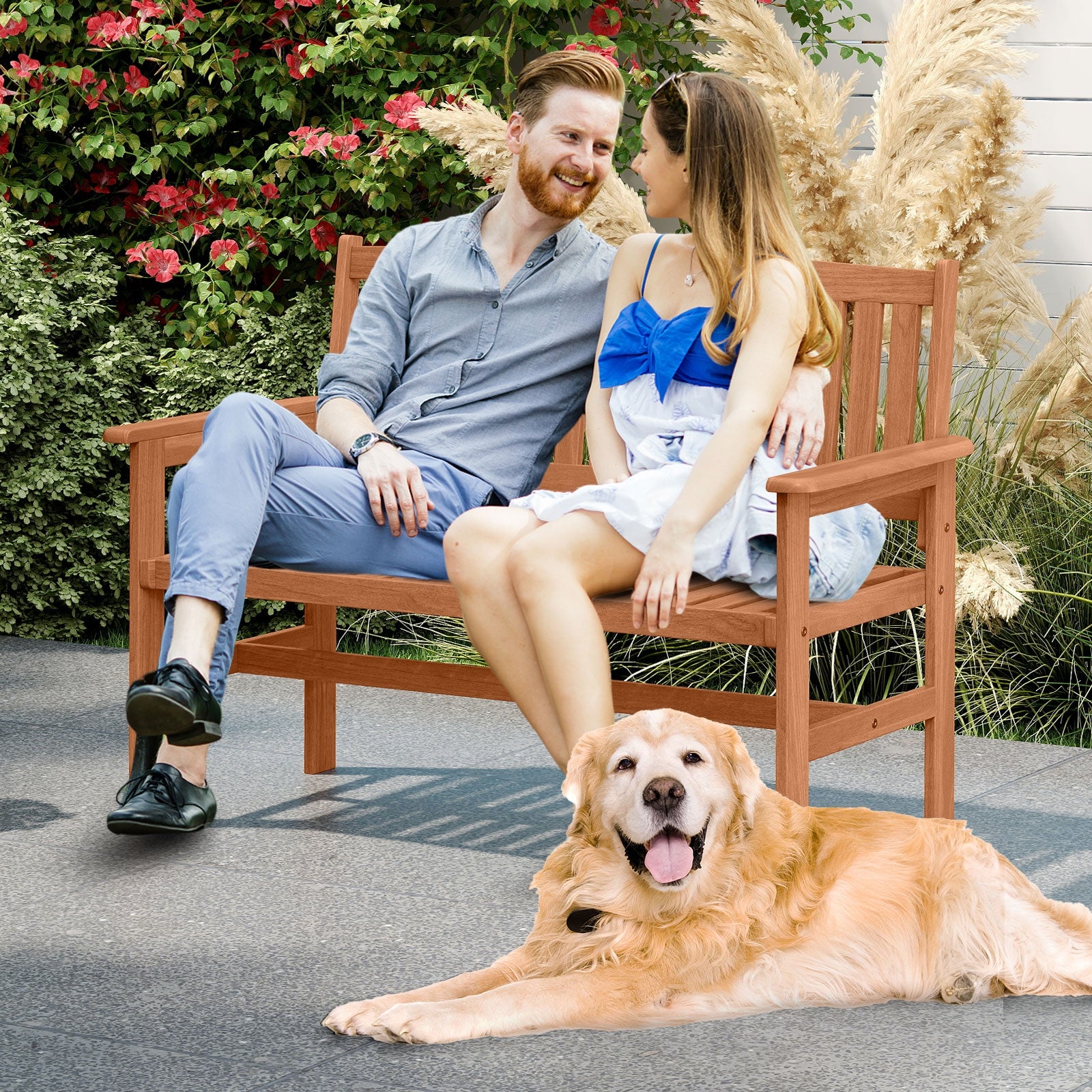2-Person Patio Loveseat, Slatted Backrest, Comfortable Armrests, Natural Outdoor Benches at Gallery Canada