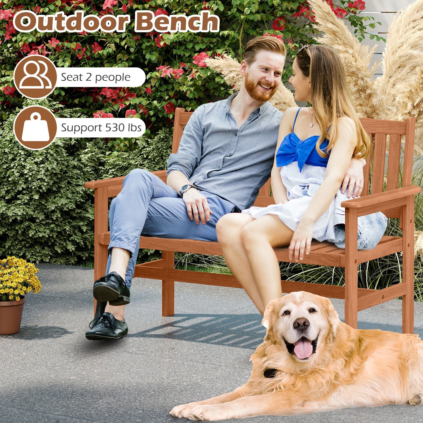 2-Person Patio Loveseat, Slatted Backrest, Comfortable Armrests, Natural Outdoor Benches at Gallery Canada