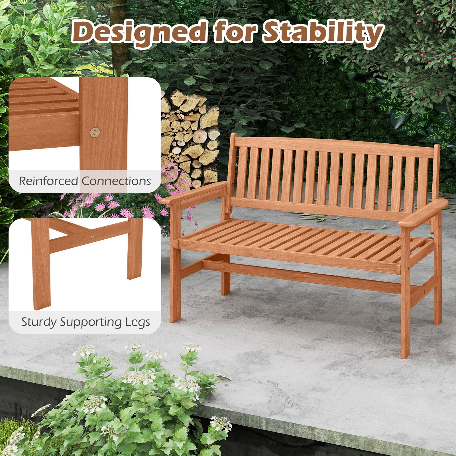 2-Person Patio Loveseat, Slatted Backrest, Comfortable Armrests, Natural Outdoor Benches at Gallery Canada