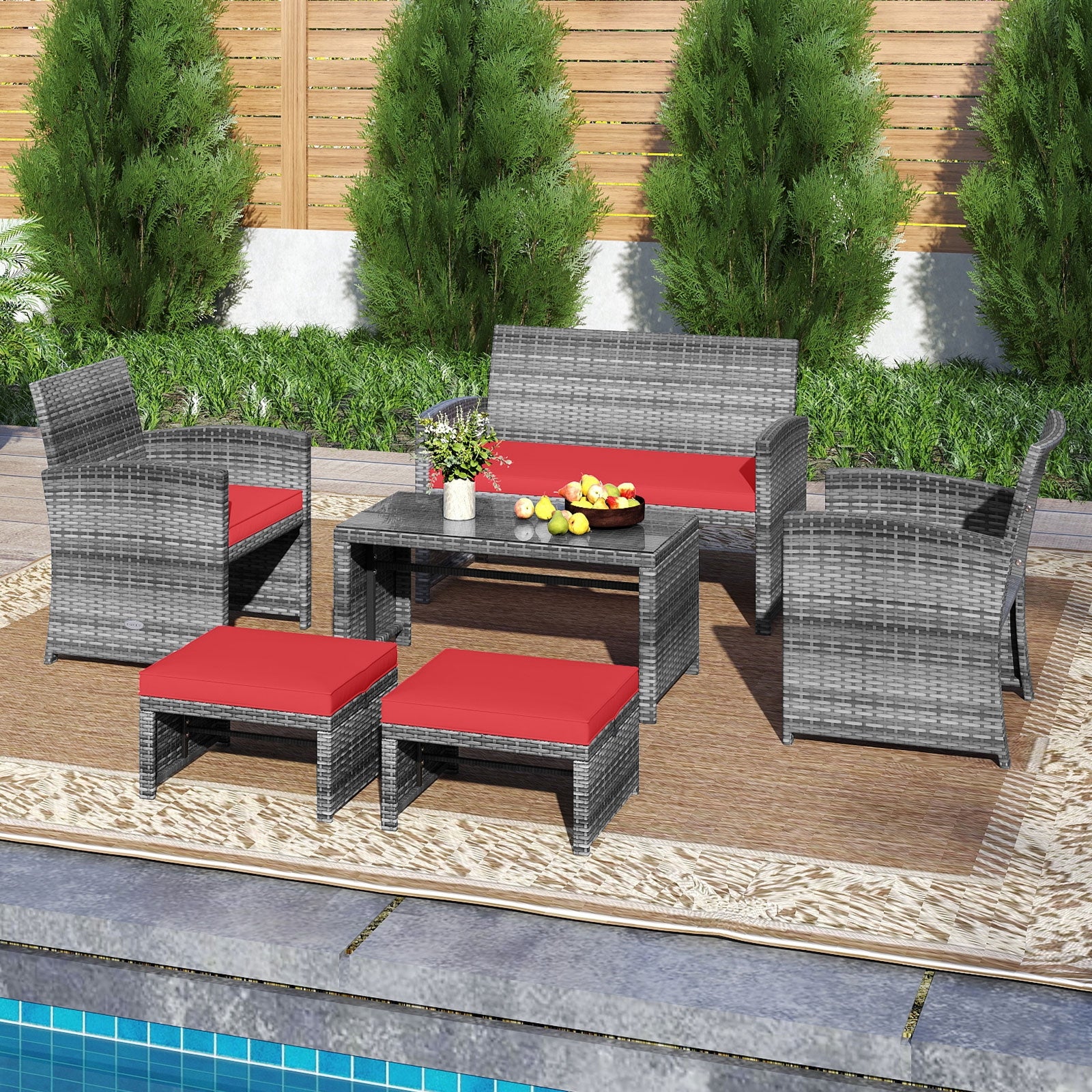6-Piece Patio Furniture Set, Outdoor Sectional PE Rattan Sofa, Red Outdoor Sectionals at Gallery Canada