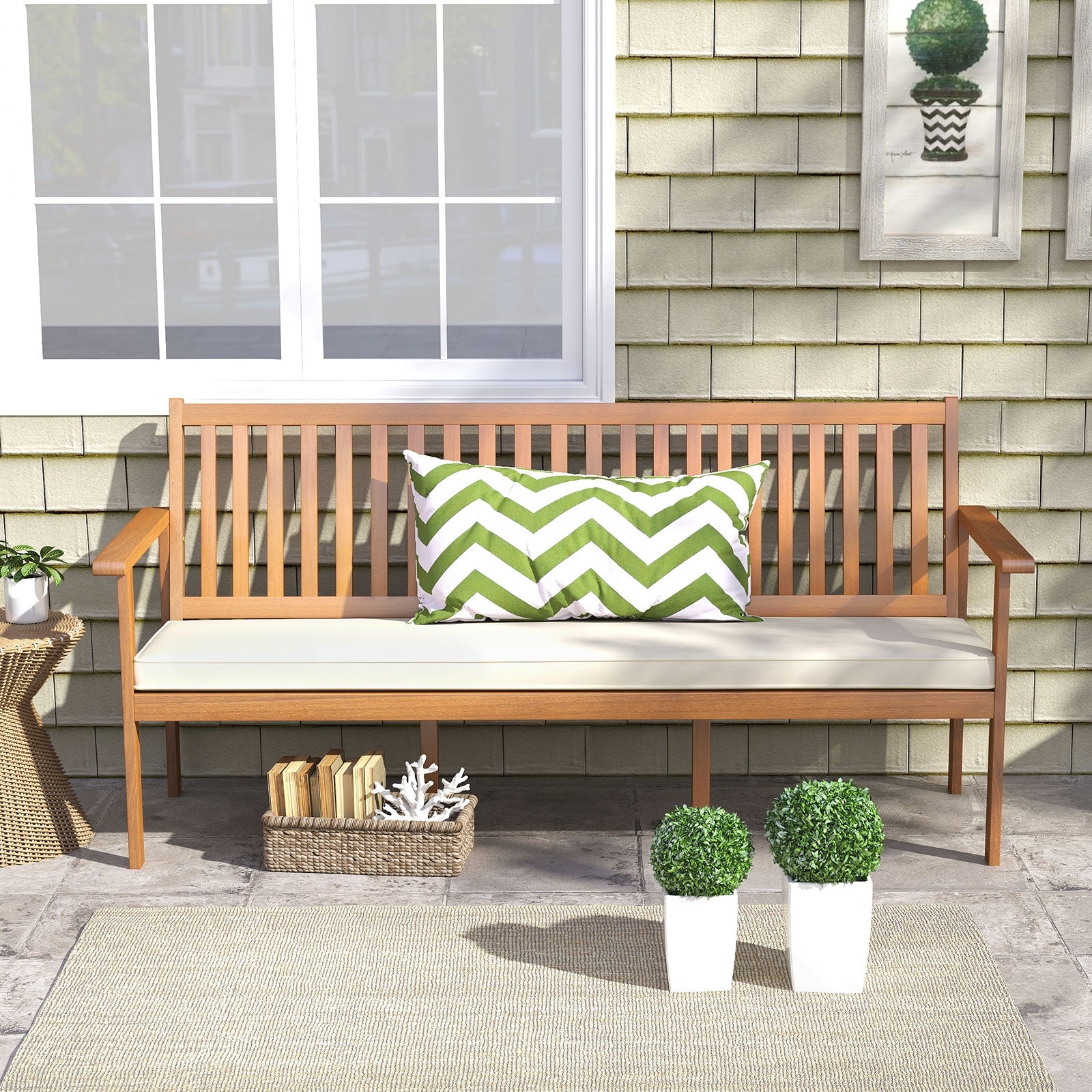 3-Seat Wood Bench With Cushion, Slatted Seat, White Outdoor Benches at Gallery Canada