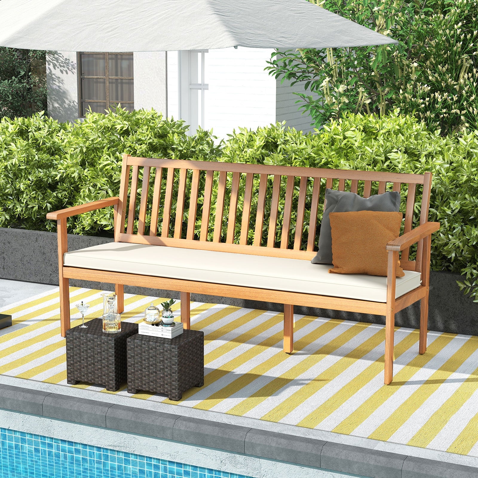3-Seat Wood Bench With Cushion, Slatted Seat, White Outdoor Benches at Gallery Canada