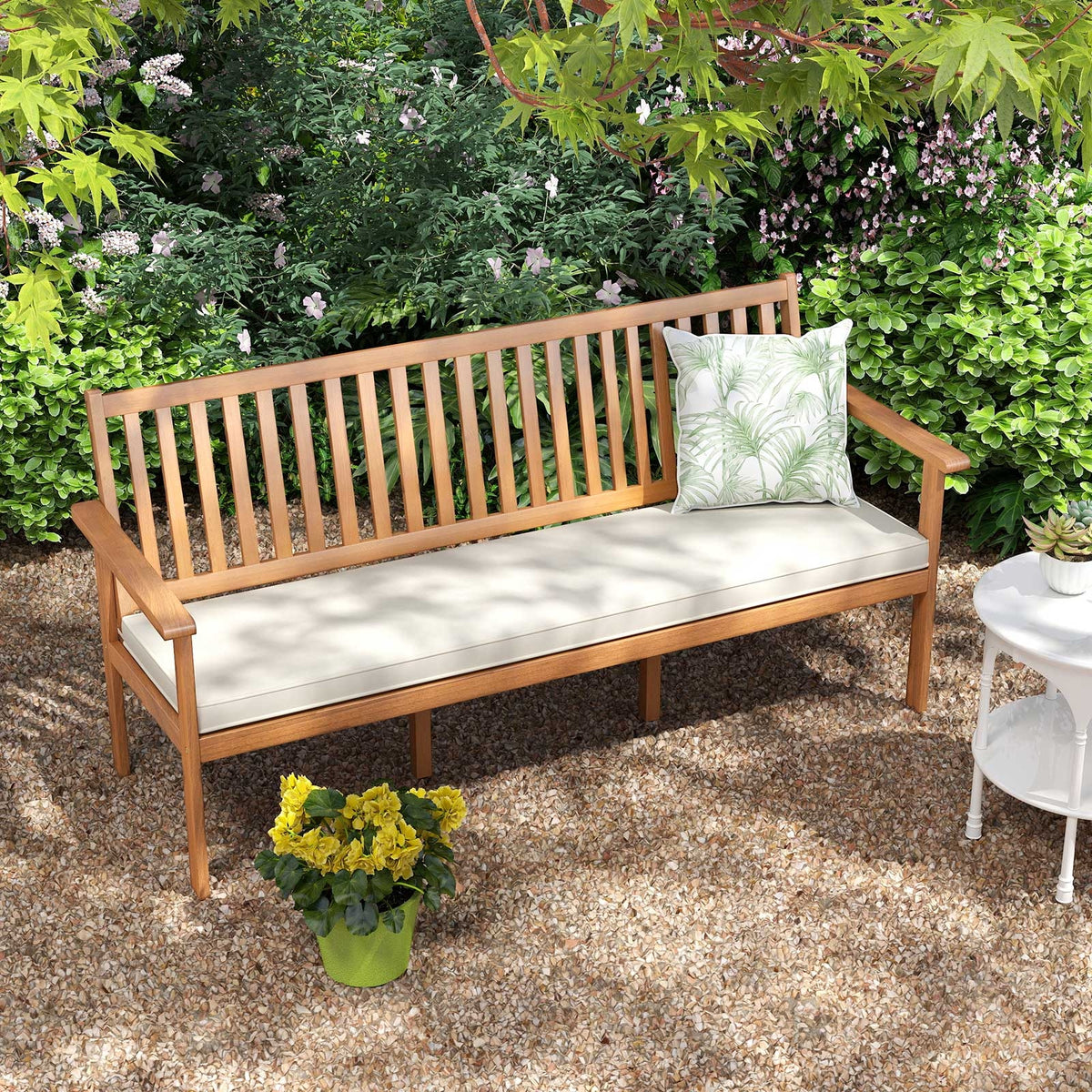 3-Seat Wood Bench With Cushion, Slatted Seat, White Outdoor Benches at Gallery Canada