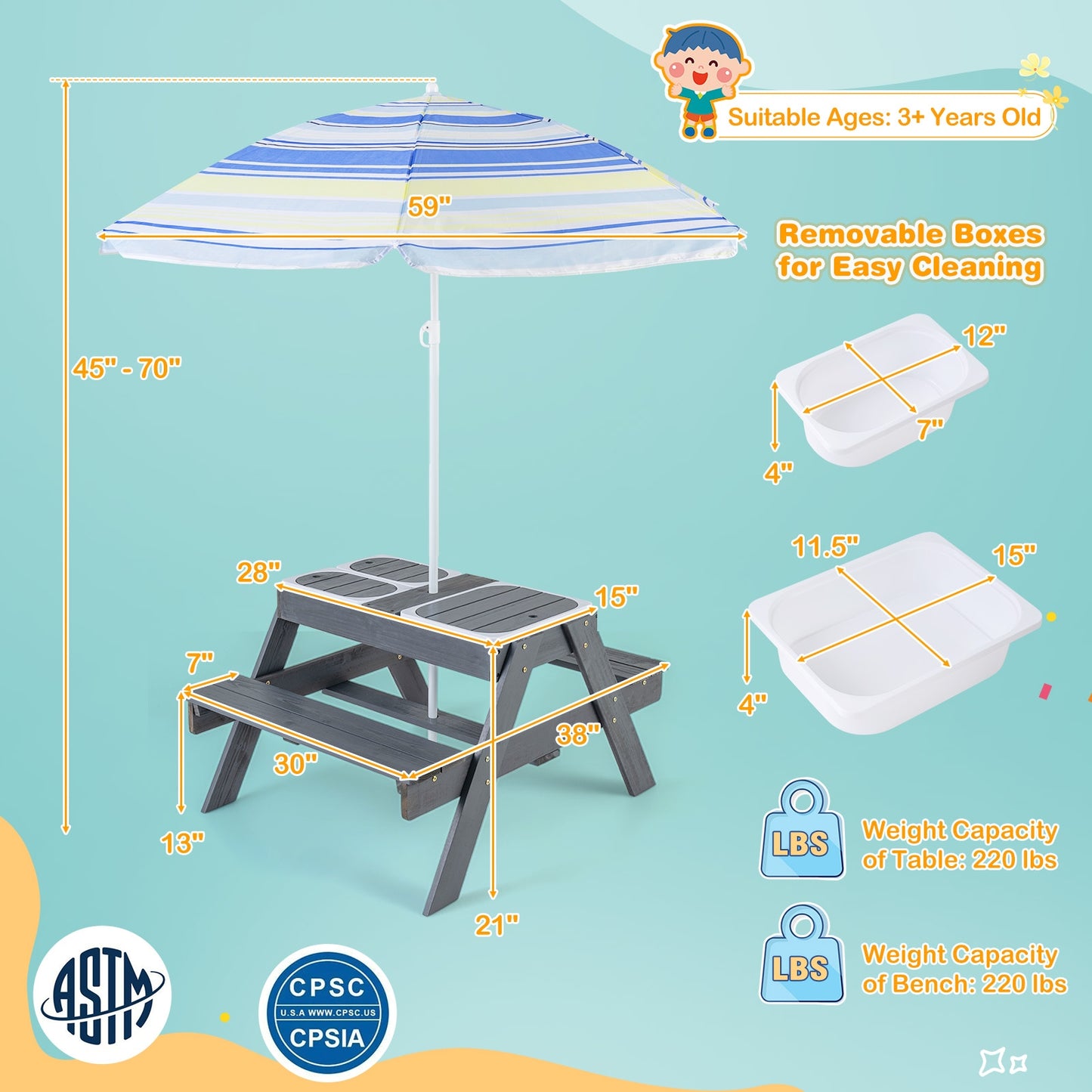 Kids Picnic Table Set, With 3 Removable Bins, Gray Kids Table & Chair Sets at Gallery Canada