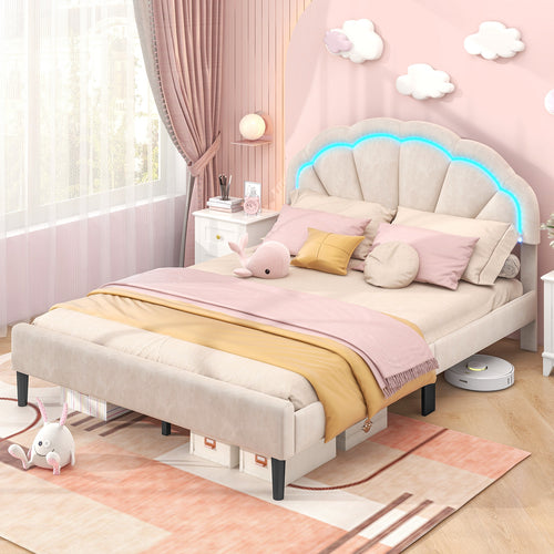 Upholstered LED Bed Frame, Adjustable Headboard, Metal Feet, Queen Size