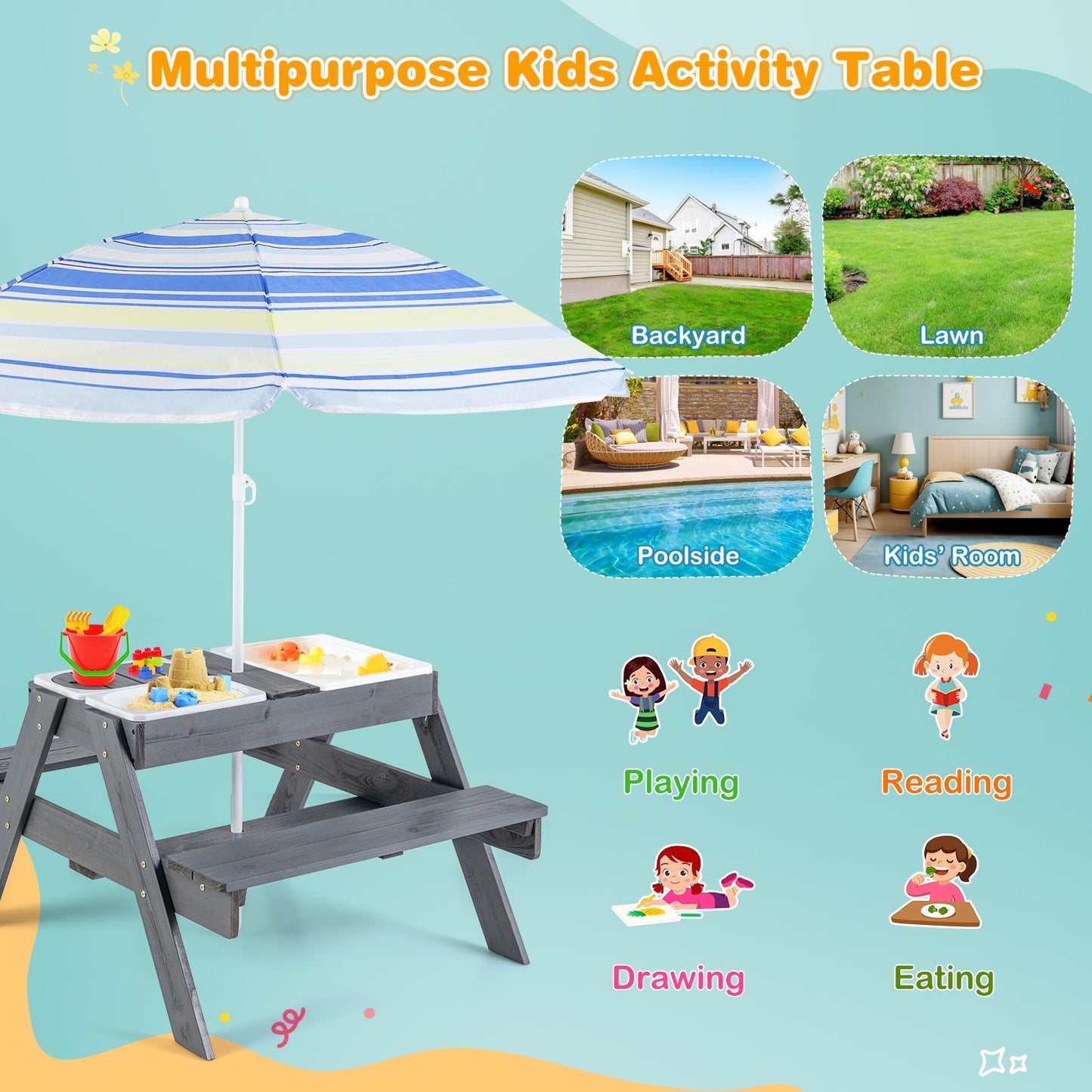 Kids Picnic Table Set, With 3 Removable Bins, Gray Kids Table & Chair Sets at Gallery Canada
