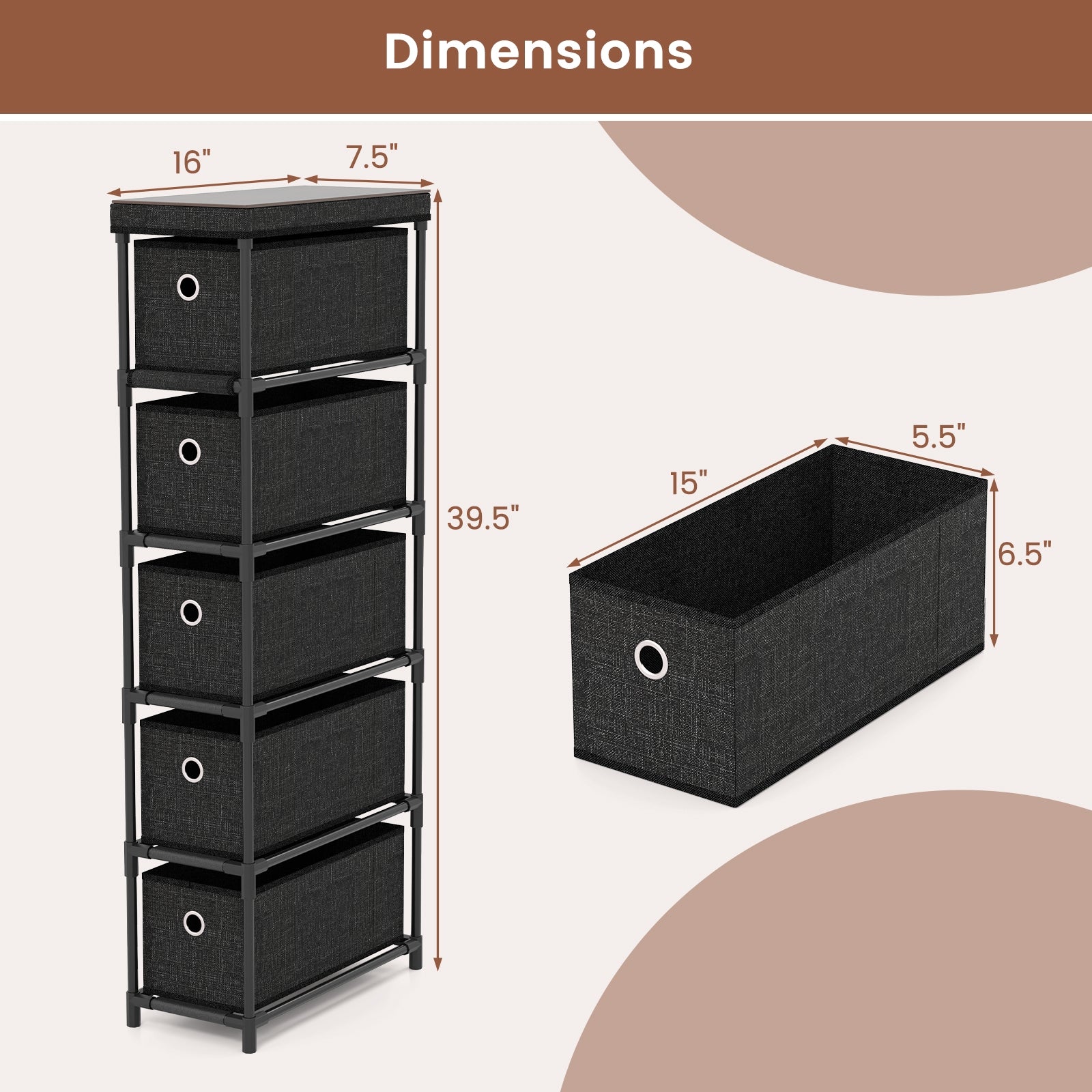 Narrow 5-Drawer Dresser, Slim Storage Tower, Metal Frame, Black Dressers & Chests at Gallery Canada