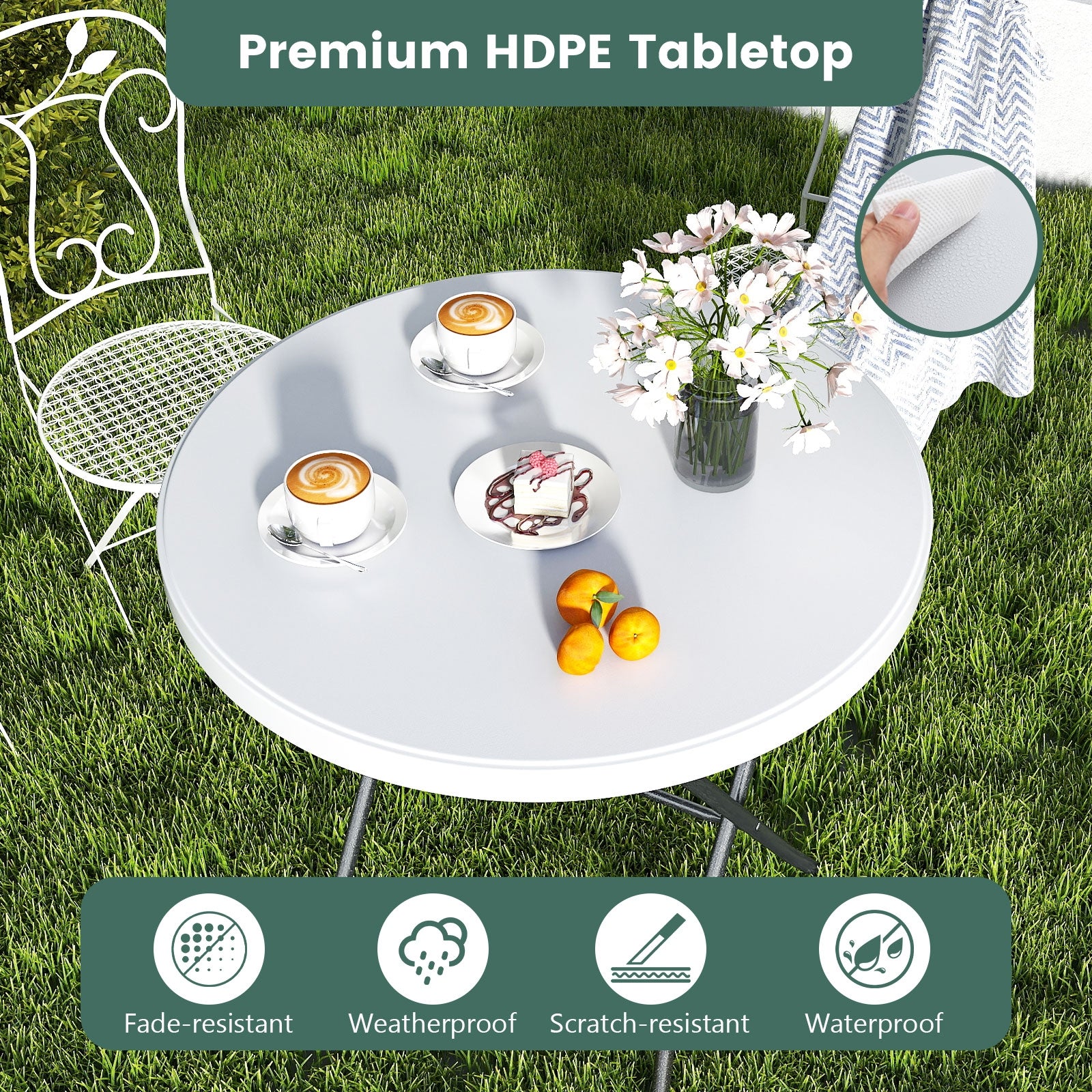 32 Inch Round Folding Table, Thick Tabletop, White Picnic Tables at Gallery Canada