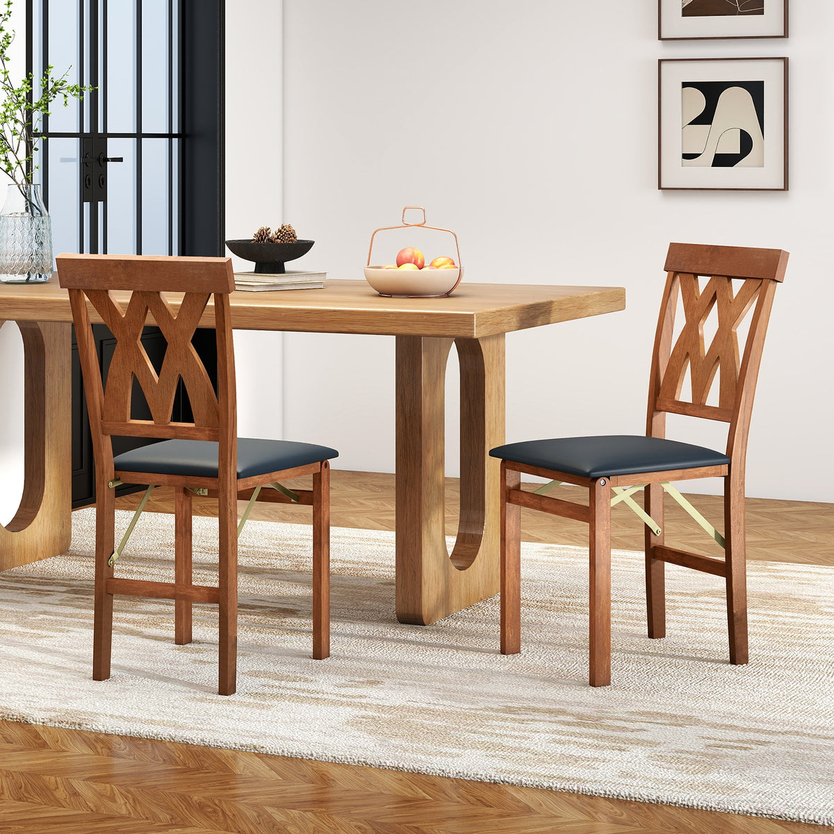 Folding Wooden Dining Chair Set, 2 Faux Leather Upholstered Kitchen Armless Chairs, Walnut Dining Chairs at Gallery Canada