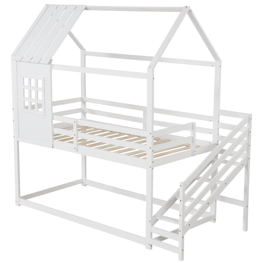 Twin House Bed With Stairs And Roof For Kids, White Trundle Bed Frame White at Gallery Canada