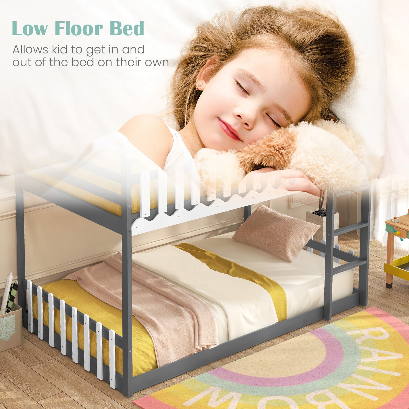 Twin Over Twin Bunk Bed With Fence And Ladder, Gray Bunk Bed Frame at Gallery Canada