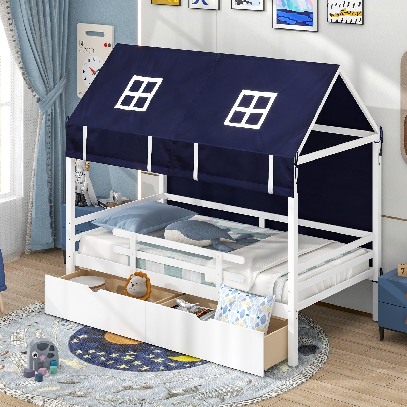 Twin House Bed With Tent, 2 Storage Drawers, White Simple Bed Frame at Gallery Canada
