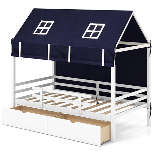 Twin House Bed With Tent, 2 Storage Drawers, White