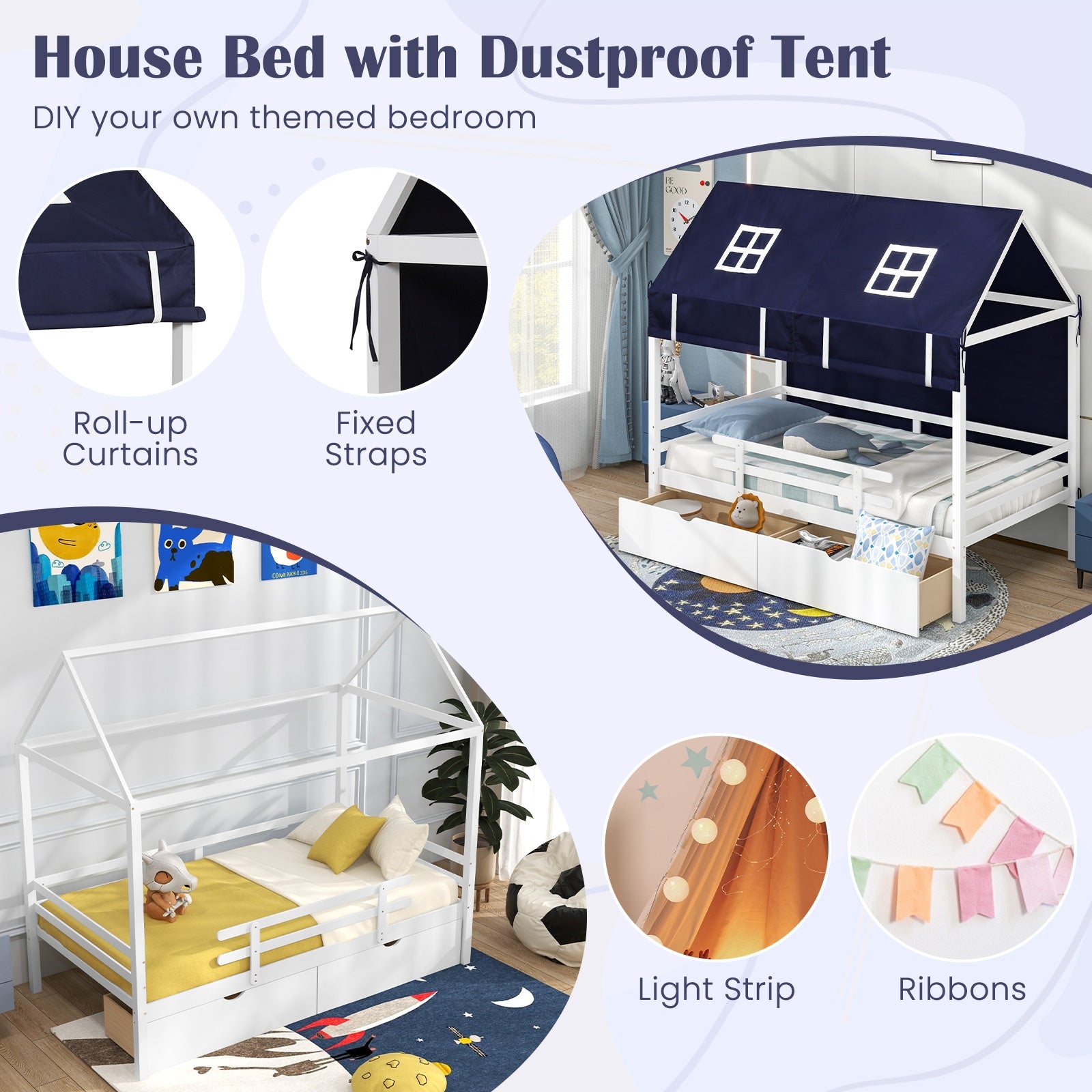 Twin House Bed With Tent, 2 Storage Drawers, White Simple Bed Frame at Gallery Canada