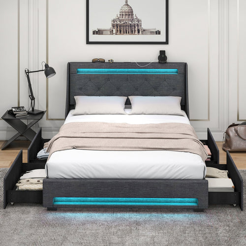 Full Size Bed Frame, LED Headboard, Charging Station, Gray