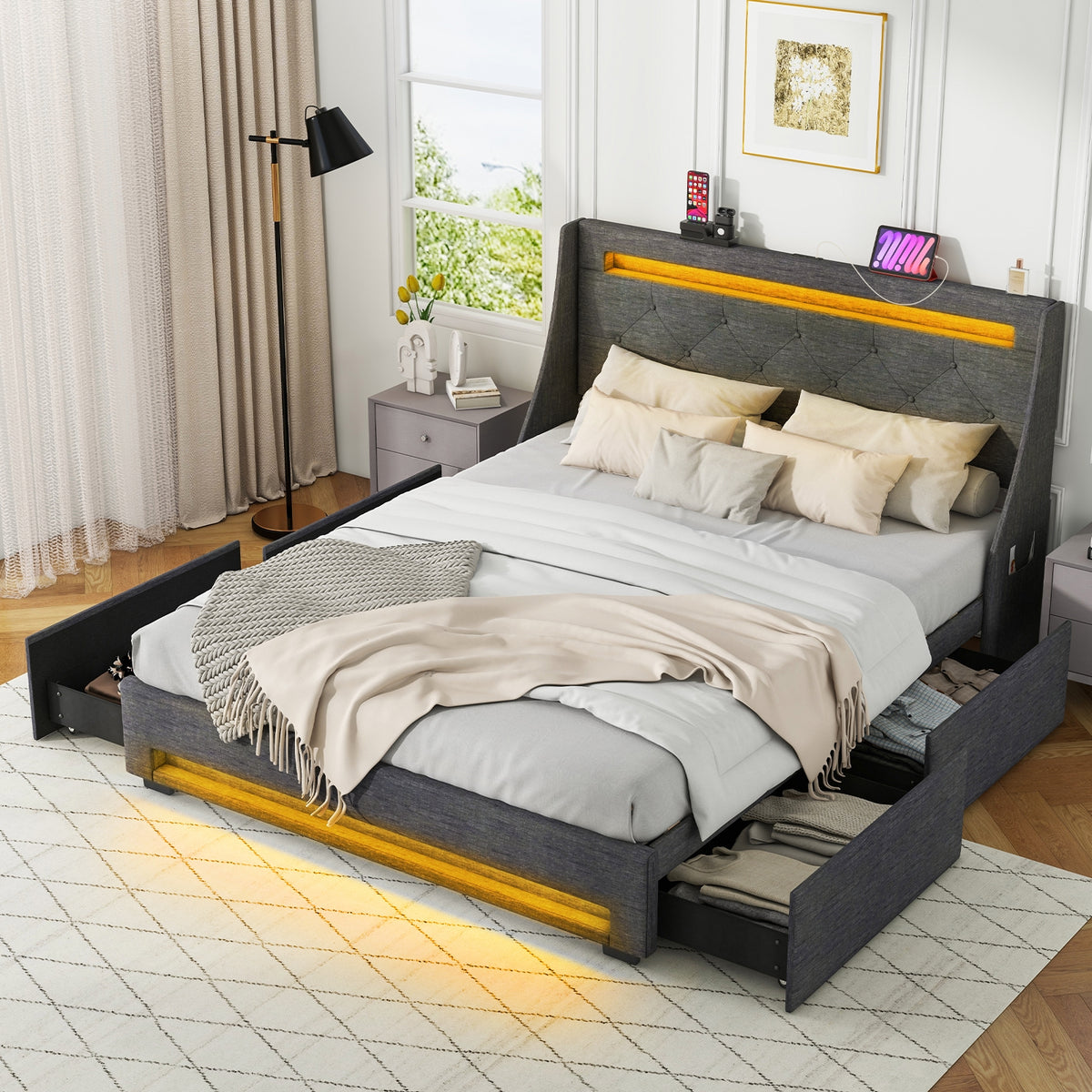 Full Size Bed Frame, LED Headboard, Charging Station, Gray Simple Bed Frame at Gallery Canada