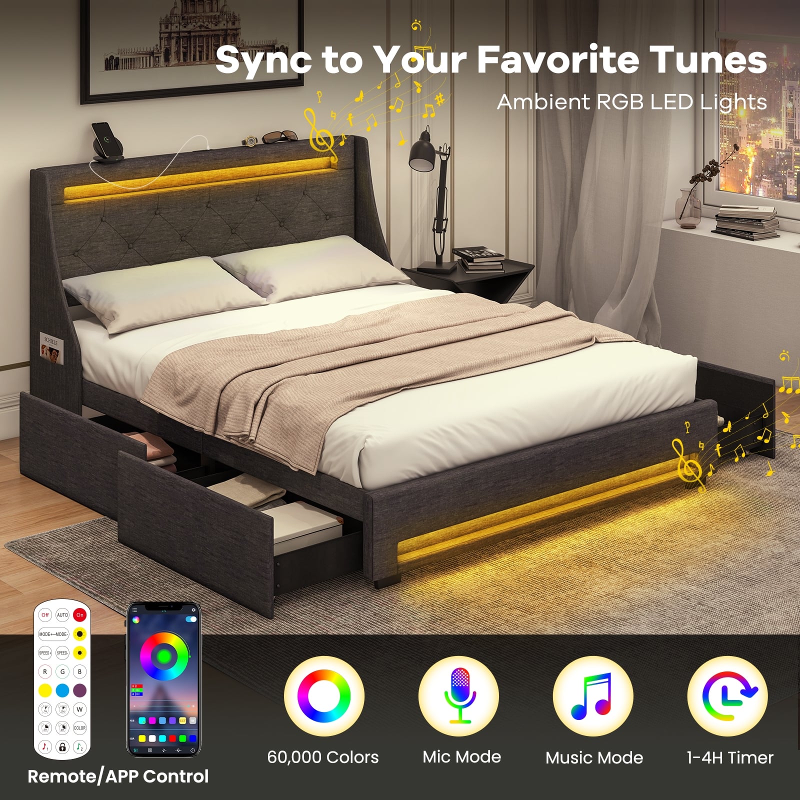 Full Size Bed Frame, LED Headboard, Charging Station, Gray Simple Bed Frame at Gallery Canada