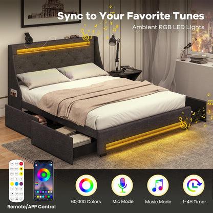 Full Size Bed Frame, LED Headboard, Charging Station, Gray Simple Bed Frame at Gallery Canada