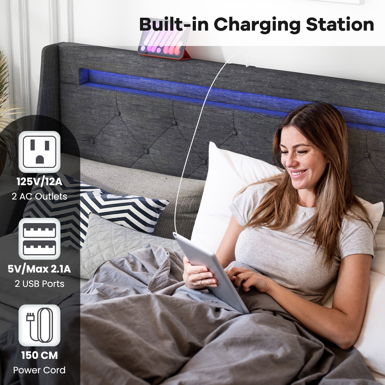 Full Size Bed Frame, LED Headboard, Charging Station, Gray Simple Bed Frame at Gallery Canada