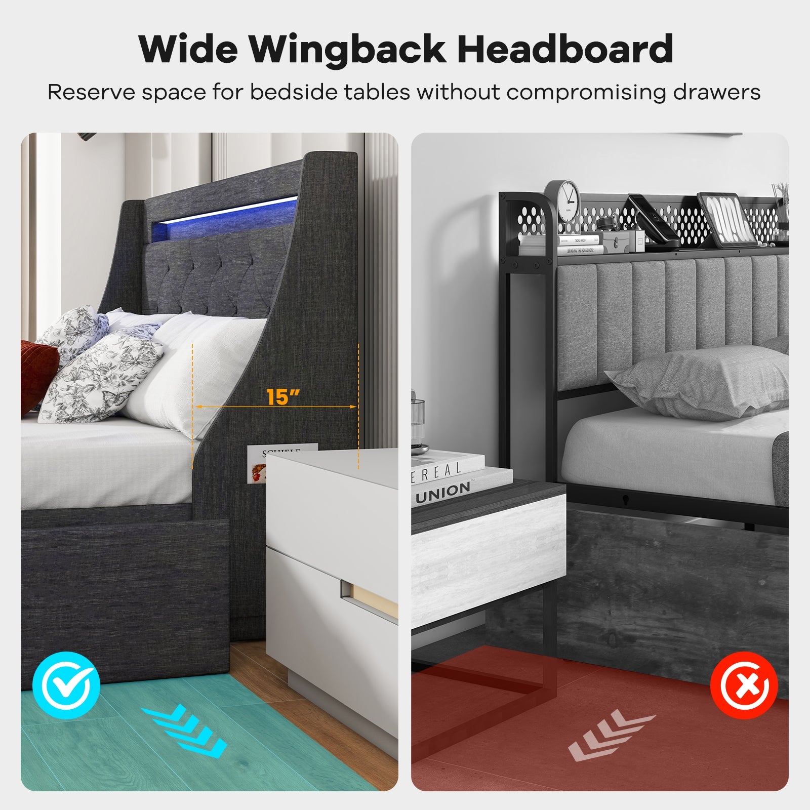 Full Size Bed Frame, LED Headboard, Charging Station, Gray Simple Bed Frame at Gallery Canada
