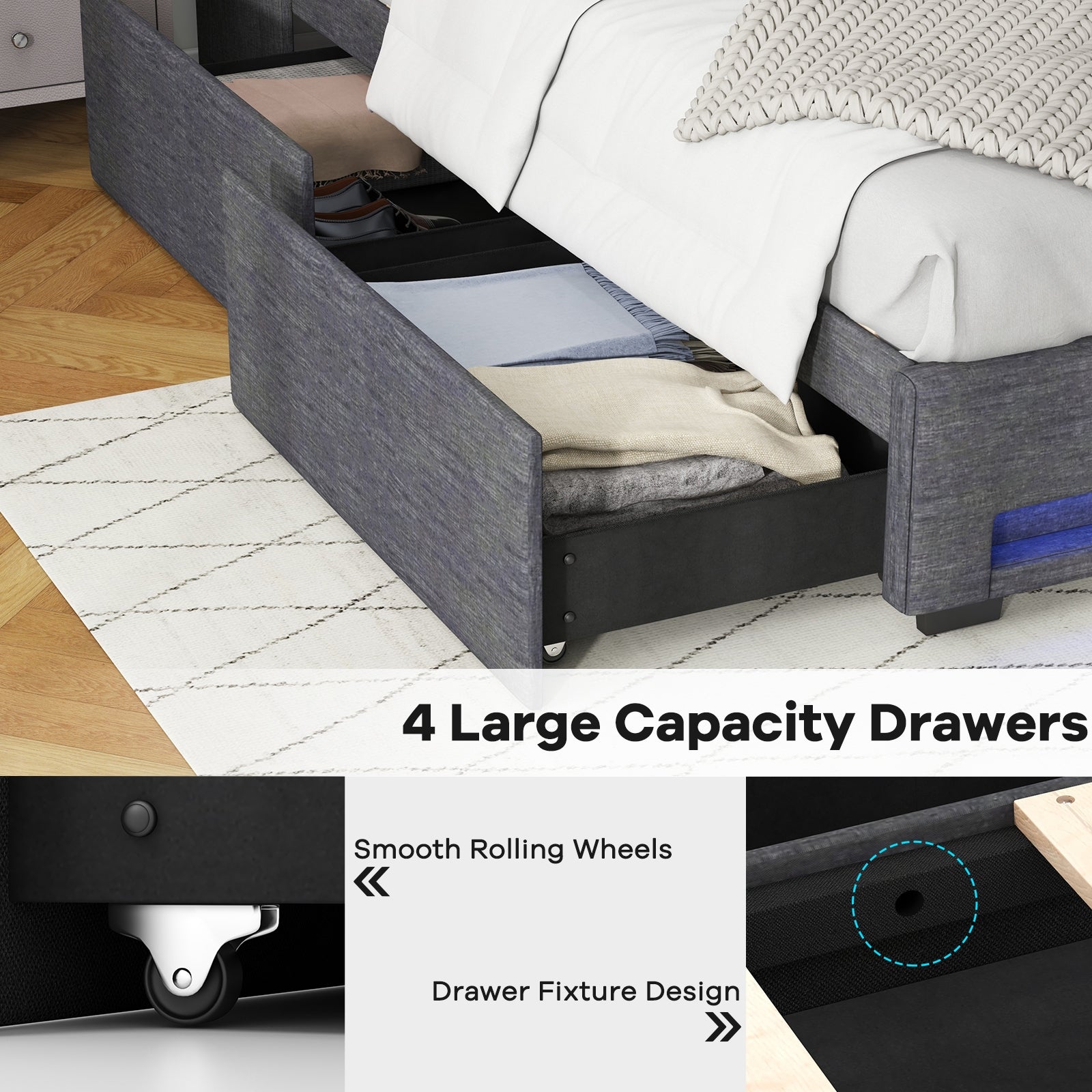 Full Size Bed Frame, LED Headboard, Charging Station, Gray Simple Bed Frame at Gallery Canada