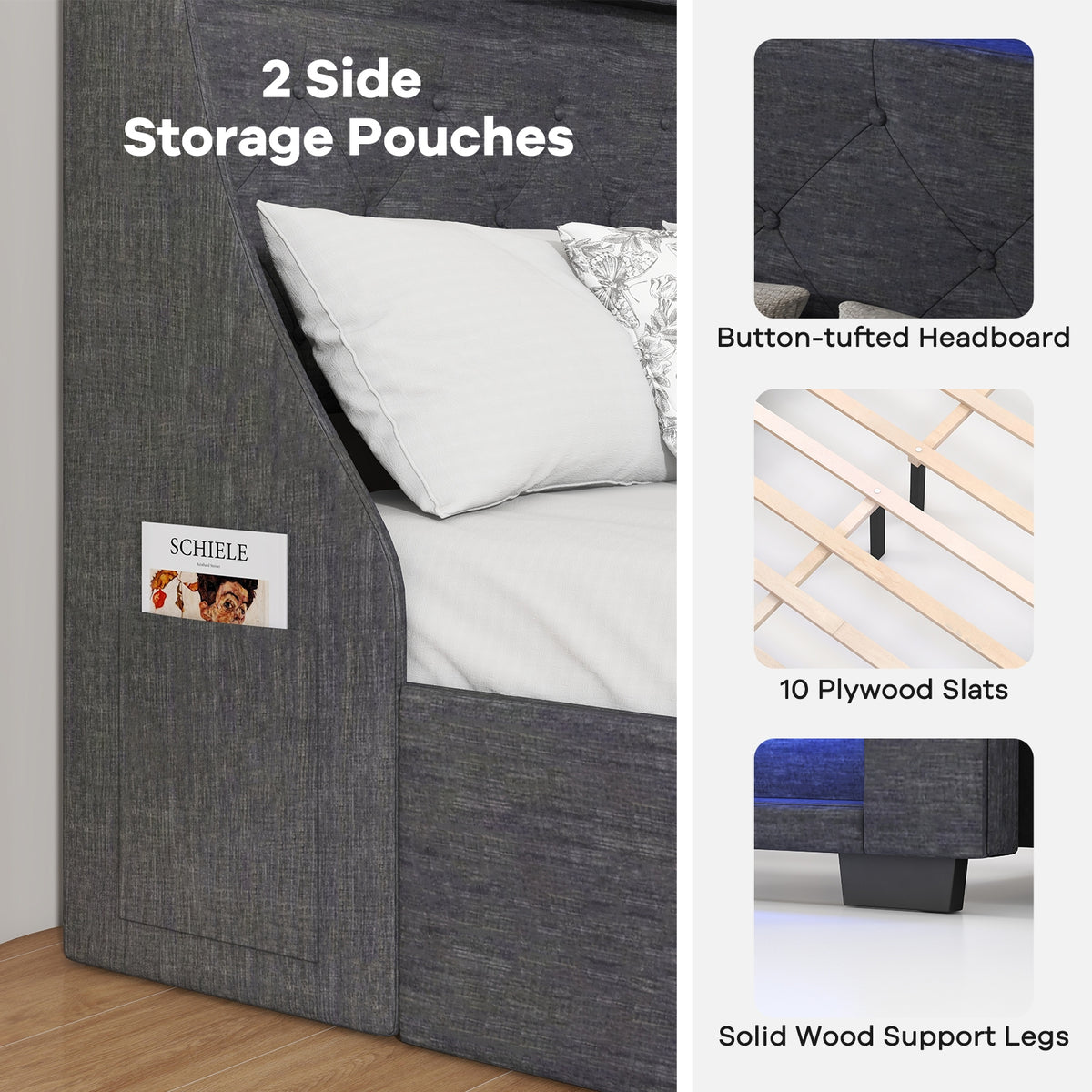 Full Size Bed Frame, LED Headboard, Charging Station, Gray Simple Bed Frame at Gallery Canada