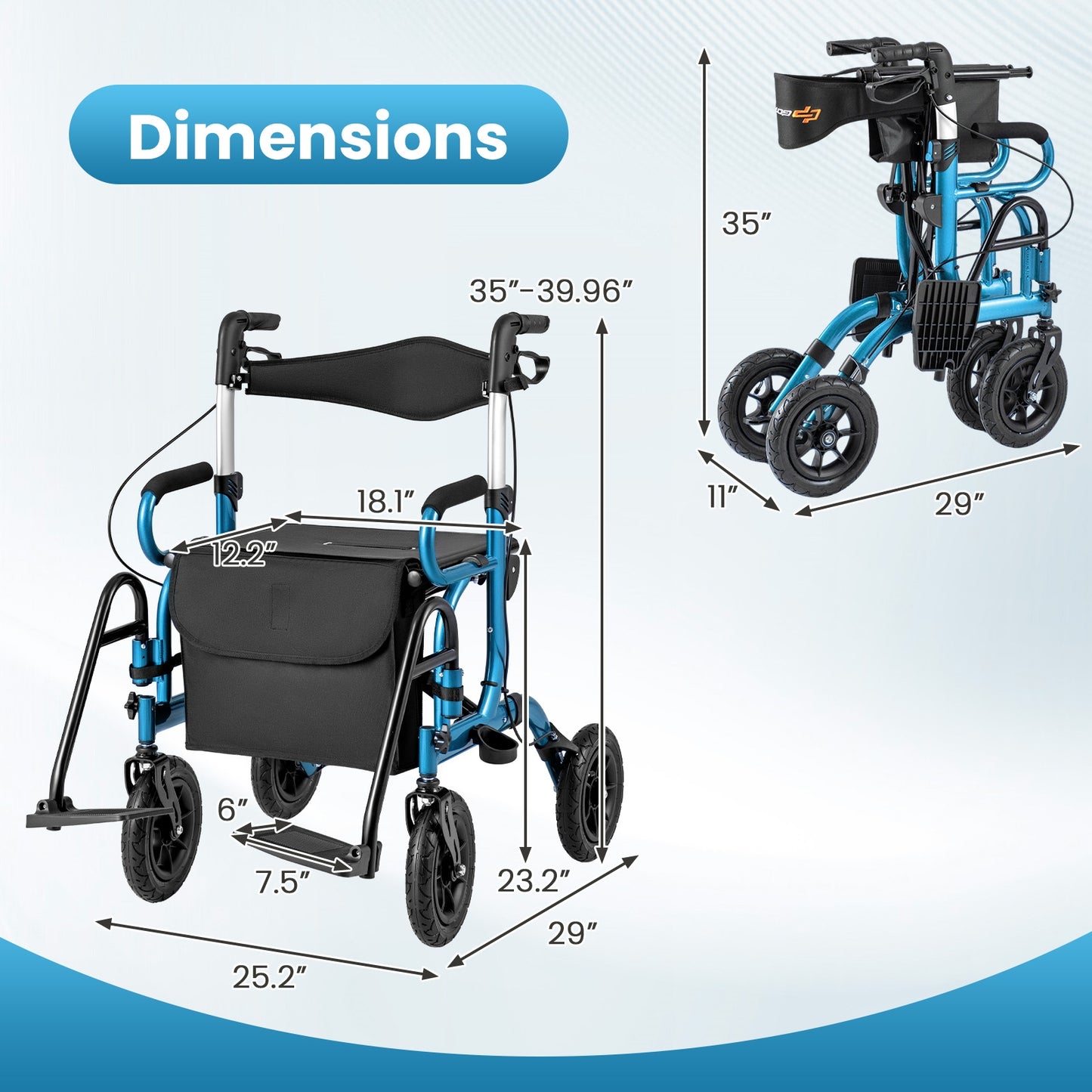 Foldable Rollator Walker With Seat, 9 Inch Pneumatic Tires, Navy Walkers & Rollators at Gallery Canada