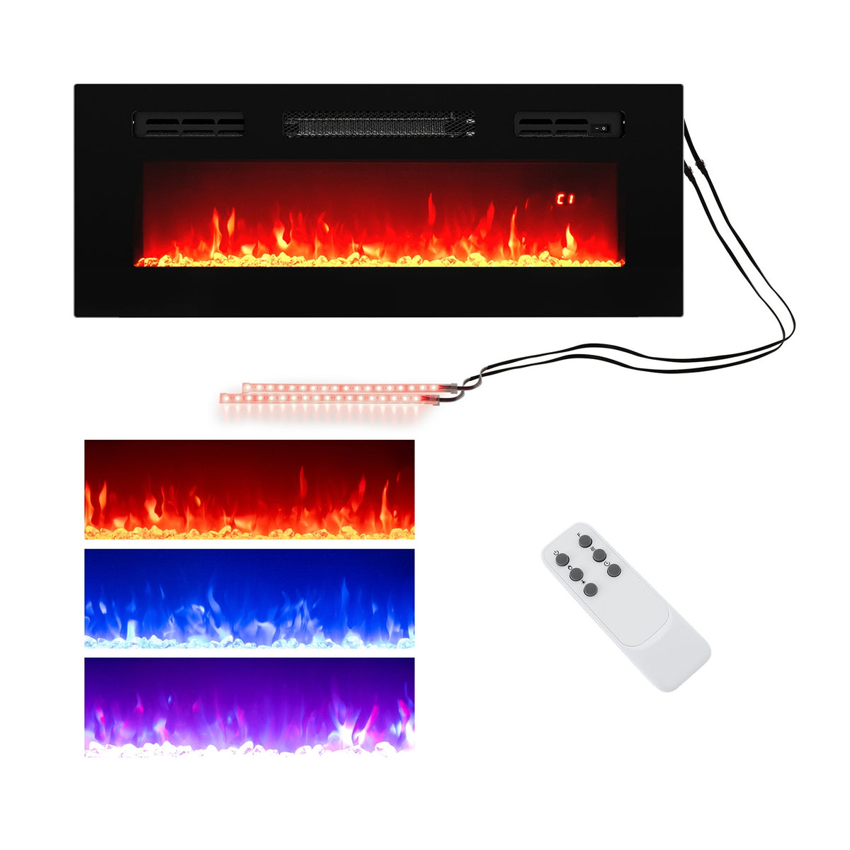36 Inches Electric Fireplace Heater, Recessed, LED Lights, Remote, Black Fireplaces at Gallery Canada